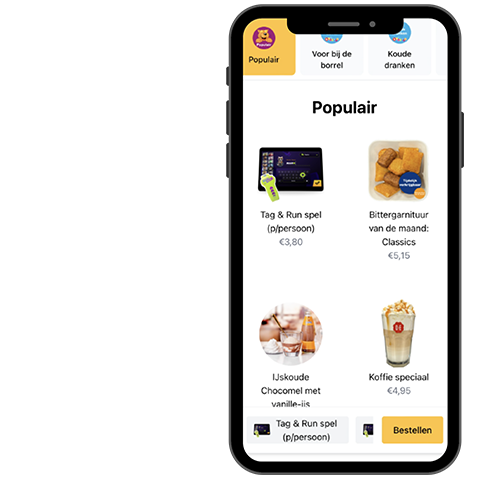 Mobiele app-scherm met het menu 'Populair' van Ballorig, waarin het Tag & Run spel wordt aangeboden naast snacks en drankjes.