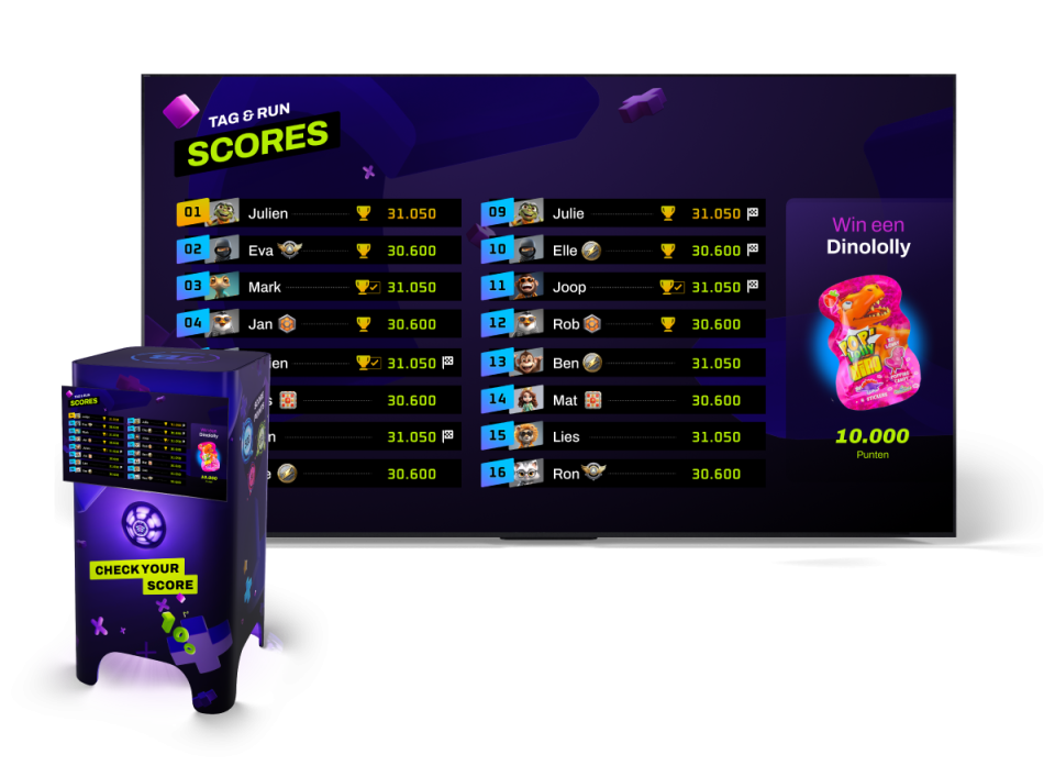 Score scherm van het interactieve systeem JB Tag Solutions met score-overzicht